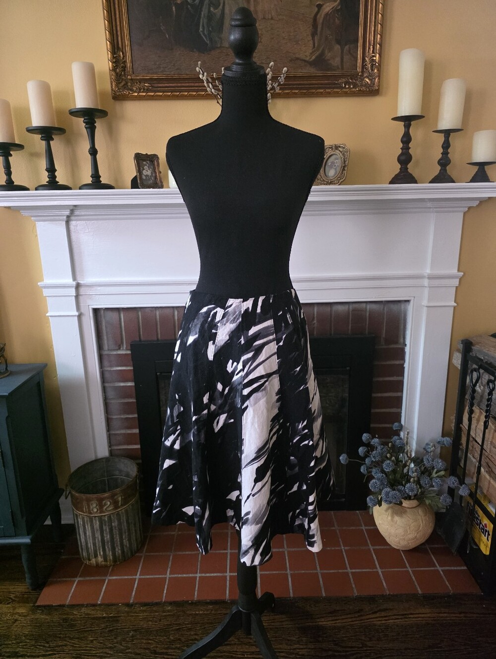 Black White Abstract Brushstroke A Line Midi Skirt